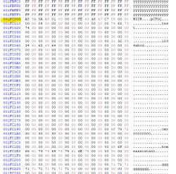 Screenshot of a hex editor showing a memory dump with the 001FC0F0 line highlighted.