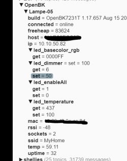 OpenBeken-Konfiguration für Tuya-Lampe Screenshot der OpenBeken-Konfiguration für Tuya-Lampe mit Netzwerk- und LED-Einstellungen.