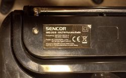 Nameplate of the SENCOR SRD 210 B portable radio with technical information.