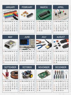 2026 calendar illustration in 3x4 layout with DIY electronics photos for each month