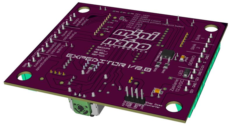 3D view of a purple PCB with labeled connectors, pins, and the text “Extrema v2.0” and “Elektronika”.