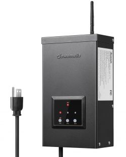 Black low-voltage transformer with an antenna and three buttons on the front panel.