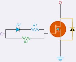 MOSFET Switch Circuit Diagram Circuit diagram with MOSFET, diode, and resistors.
