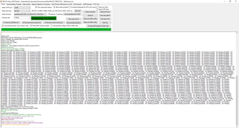 Screenshot of BK7231 Easy UART Flasher with memory reading completed successfully