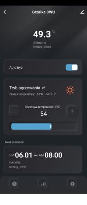 App screenshot “Grzałka CWU” showing 49.3°C current temp, 54°C target, and schedule 06:01–08:00