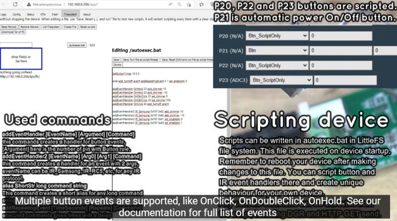 Screenshot showing the interface for editing the autoexec.bat script in an IoT device with support for commands and scripting.