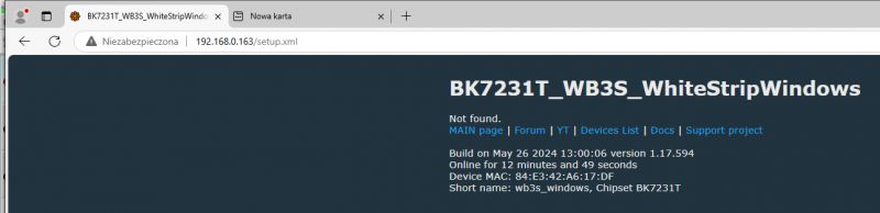 Screenshot of a webpage at URL 192.168.0.163/setup.xml displaying Not found message.