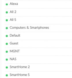 Lista dostępnych sieci Wi-Fi z ich nazwami, w tym Alexa, All 2, All 5, Computers & Smartphones, Default, Guest, MGNT, NAS, SmartHome 2 i SmartHome 5.