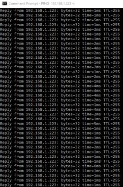 Screenshot of a command prompt window pinging IP address 192.168.1.223 with response times between 1-5 ms.