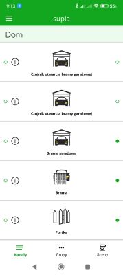 Ekran aplikacji Supla z ikonami i opisami dla czujników i bram