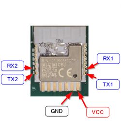 Electronic Module with Connection Labels Electronic module highlighting RX1, TX1, RX2, TX2, GND, and VCC connections.