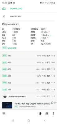 Zrzut ekranu z aplikacji pokazującej parametry sieci 4G LTE 800 dla operatora Play.