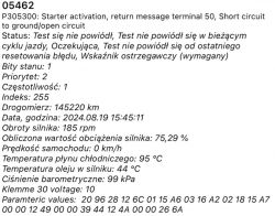 Zdjęcie przedstawia dane diagnostyczne pojazdu z błędem systemu start-stop.