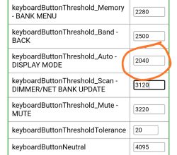 Table with keyboard button threshold settings, with one field marked with an orange circle showing the value 2040.