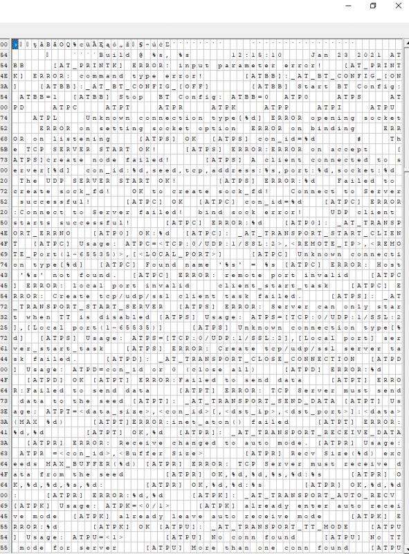 Screenshot of a hex editor showing data and error messages related to AT command lines.