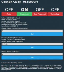 OpenBK7231N control screen displaying various settings and DPID values.