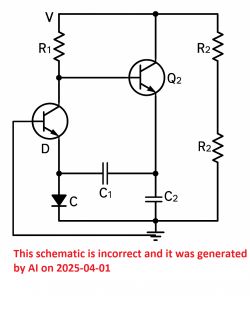 Schemat elektroniczny z błędami, z napisem wskazującym, że został wygenerowany przez AI.