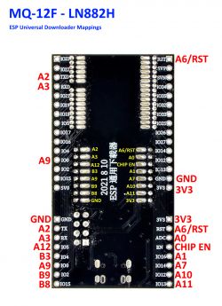 MQ-12F Development Board with LN882H Chip Top view of the MQ-12F development board with LN882H chip and pin mappings.