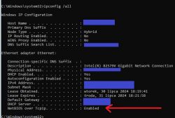 Zrzut ekranu z wynikami ipconfig /all pokazujący, że NetBIOS jest włączony.