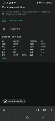 Zrzut ekranu pokazujący szczegóły sygnału sieci Play 4G LTE-A 2100 z parametrami takimi jak RSSI, RSRP i SNR.