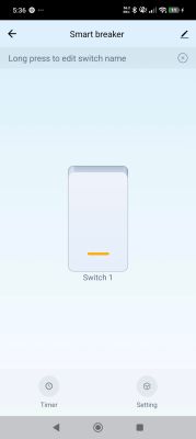 Smart breaker app screenshot with a “Switch 1” tile and Timer and Setting options.