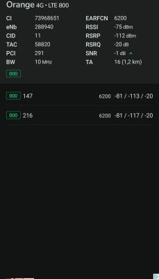 Zrzut ekranu z aplikacji pokazujący parametry sieci LTE 800 Orange