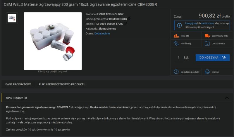 Zestaw CBM WELD z 10 pojemnikami proszku do zgrzewania egzotermicznego 300 g