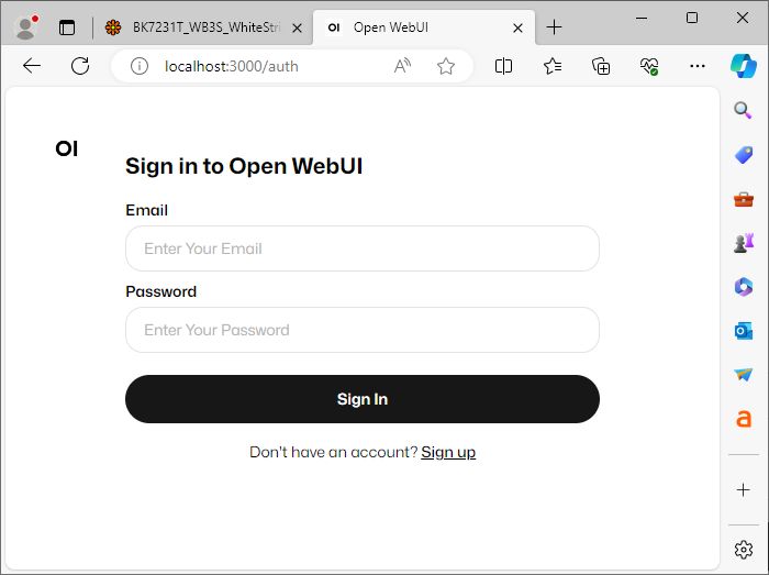 Open WebUI Login Page Open WebUI login page with fields for email and password.