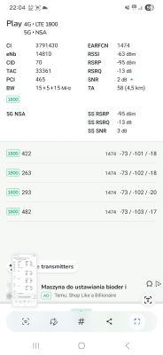 Zrzut ekranu z pomiarami sieci Play 4G LTE i 5G NSA dla pasma 1800 MHz
