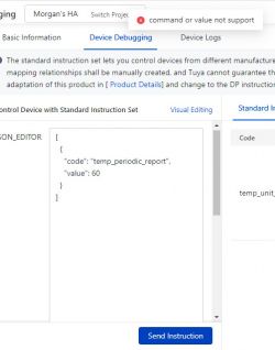 Screenshot of device debugging interface showing the error command or value not support.