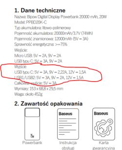 Fragment instrukcji powerbanka z danymi technicznymi i wyjściami USB, z podkreślonymi wartościami napięć i prądów na wyjściu.
