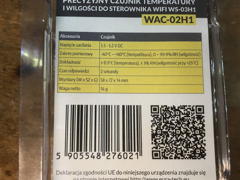 WAC-02H1 Sensor Label Label of the WAC-02H1 temperature and humidity sensor with technical specifications.