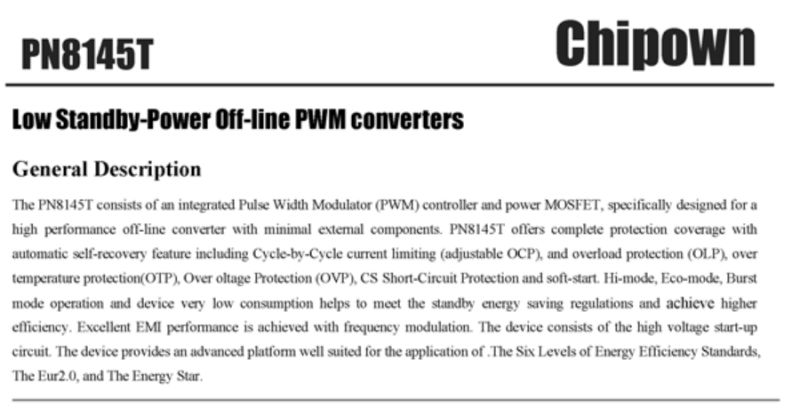 PN8145T Device Documentation Excerpt from the documentation of the PN8145T device by Chipown.