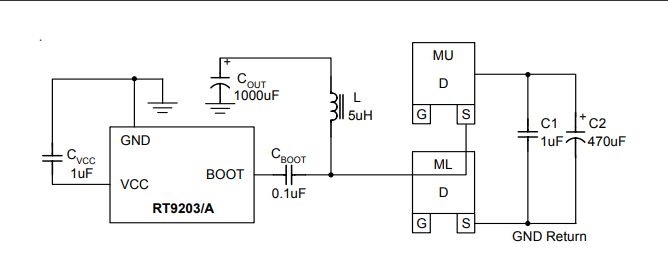 Schemat aplikacyjny przetwornicy step-down z wykorzystaniem układu RT9203/A, dwóch tranzystorów MOSFET oraz elementów pasywnych.