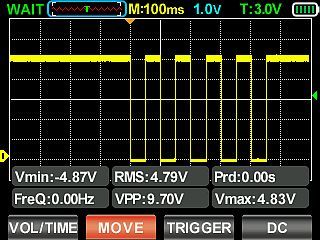 Oscilloscope screen displaying a waveform with visible pulses and measurement data.