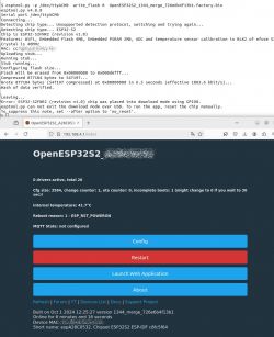 Screenshot showing the firmware upload process to ESP32S2 and the OpenESP32S2 web interface.