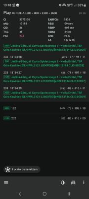 Zrzut ekranu z aplikacji do testowania sieci komórkowej, pokazujący wyniki testów sygnału sieci LTE.