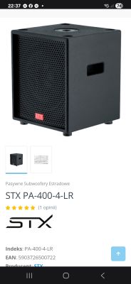 Zrzut ekranu strony produktu z subwooferem STX PA-400-4-LR i oceną