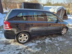 Black minivan parked on an icy driveway next to a shed and a stacked woodpile.