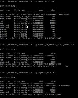 Console screenshot showing test.py results for various .bin files and flash errors