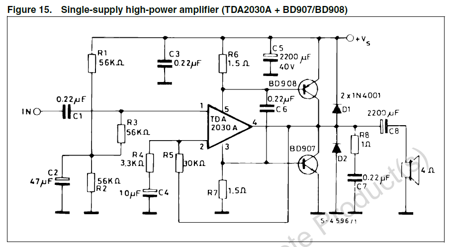 TDA2030A + BD911, BD912 - niższa głośność przy 34V, co robić?
