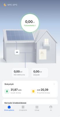 Screenshot of an app measuring solar panel energy, showing 0.00 kW consumption and production.