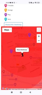 Zrzut ekranu z aplikacji mapowej na telefonie, pokazujący lokalizację użytkownika w Jarosławiu.