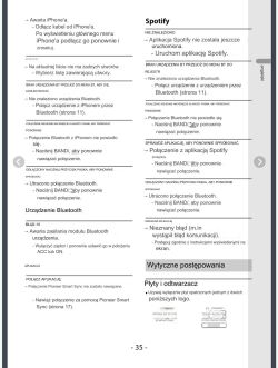Strona instrukcji obsługi radia samochodowego Pioneer DEH-S520BT z informacjami o błędach połączenia Bluetooth i aplikacji Spotify.