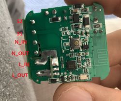 PCB with labeled connections S2, S1, N_IN, N_OUT, L_IN, L_OUT.