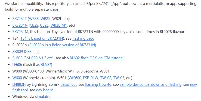Chip compatibility list in the OpenBeken project.