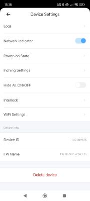 Screenshot of a smart device settings screen showing options like network indicator, power-on state, WiFi settings, and device information.