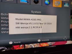 Settings screen of WIWA H265 PRO decoder showing software version information.