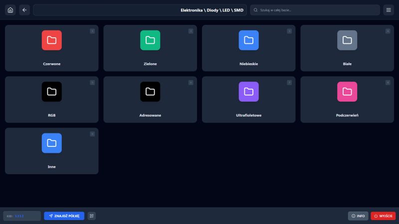 KIOSK app interface with LED category folders on a dark background