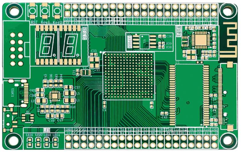 A view of a multilayer printed circuit board with various electronic components.
